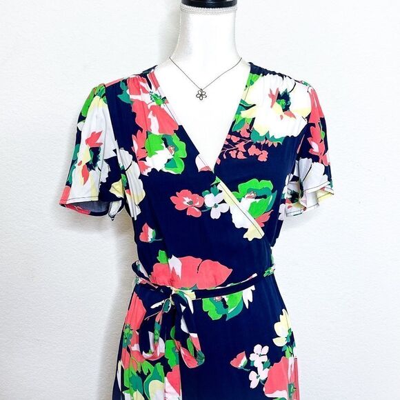 🍋 GAP • Women’s Floral Maxi Wrap Dress in Navy w/ Asymmetrical Hem Size M - Picture 2 of 6